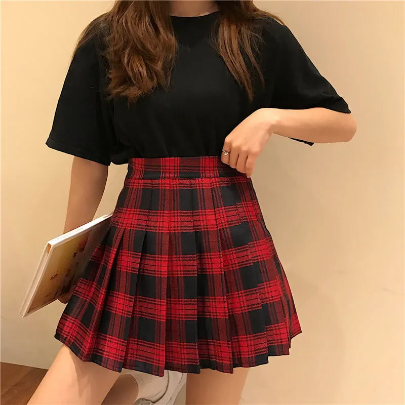 [Plus size] Gothic wine plaid A-line pleated skirt