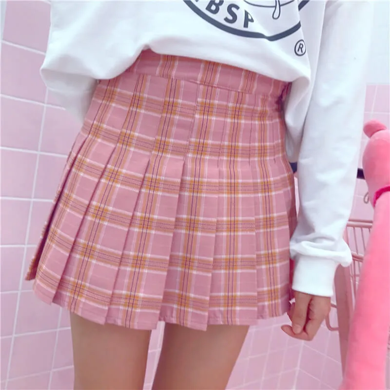 [Plus size] Kawaii pink plaid A-line tennis skirt