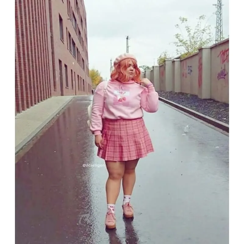 [Plus size] Kawaii pink plaid A-line tennis skirt