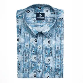 Sea Blue Color Moroccan Printed Wool Cotton Shirt For Men