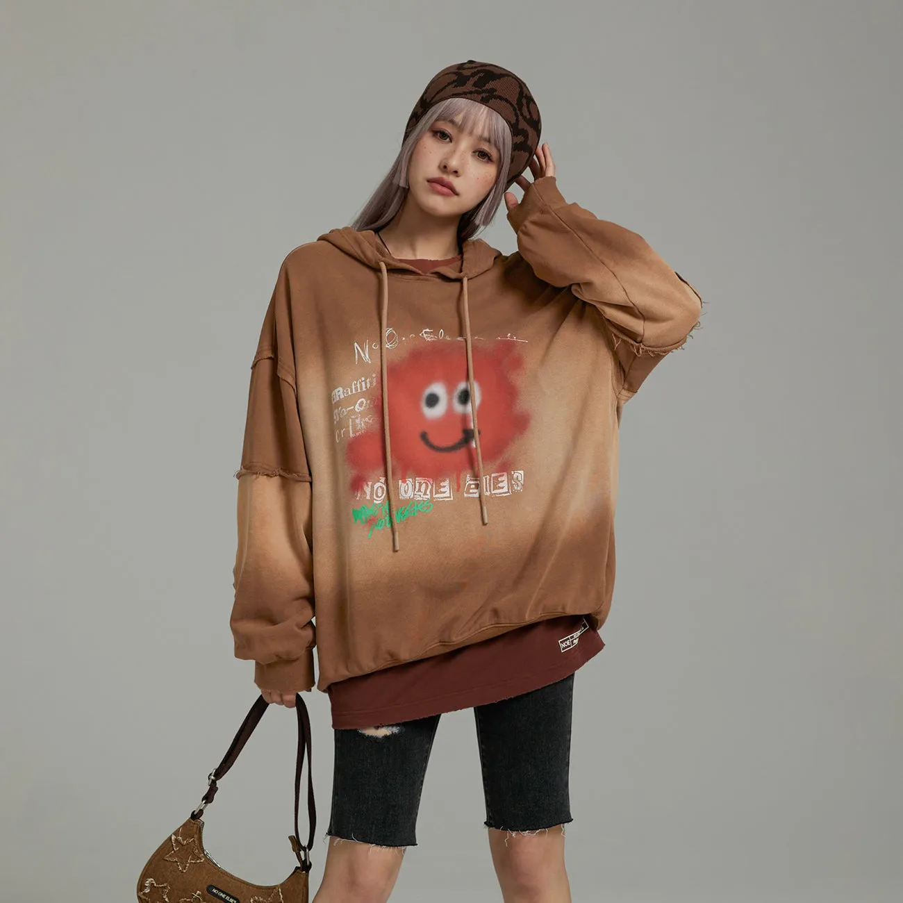 Smiling Character Gradient Loose-Fit Hoodie