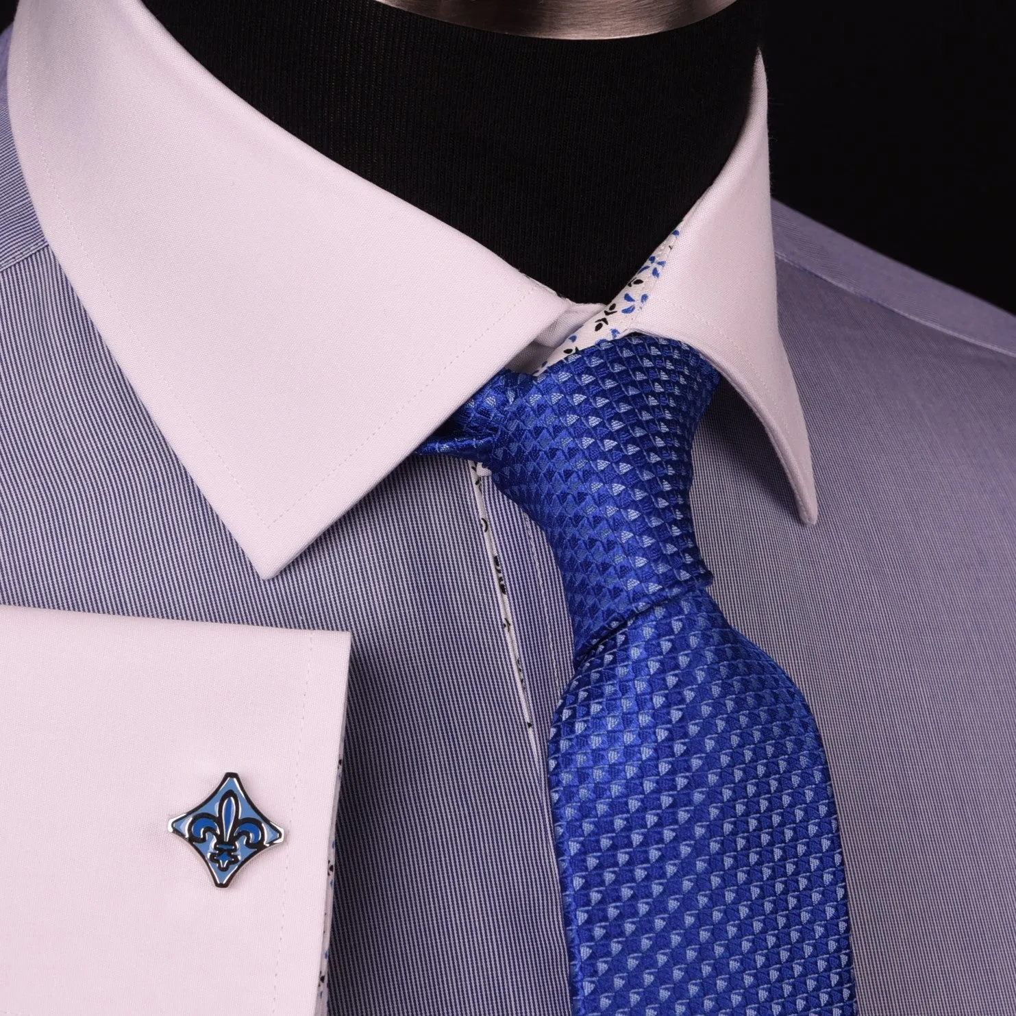 Solid Navy Blue Business Dress Shirt Formal White Collar & Cuff Contrast Floral in French Cuffs and Spread Collar