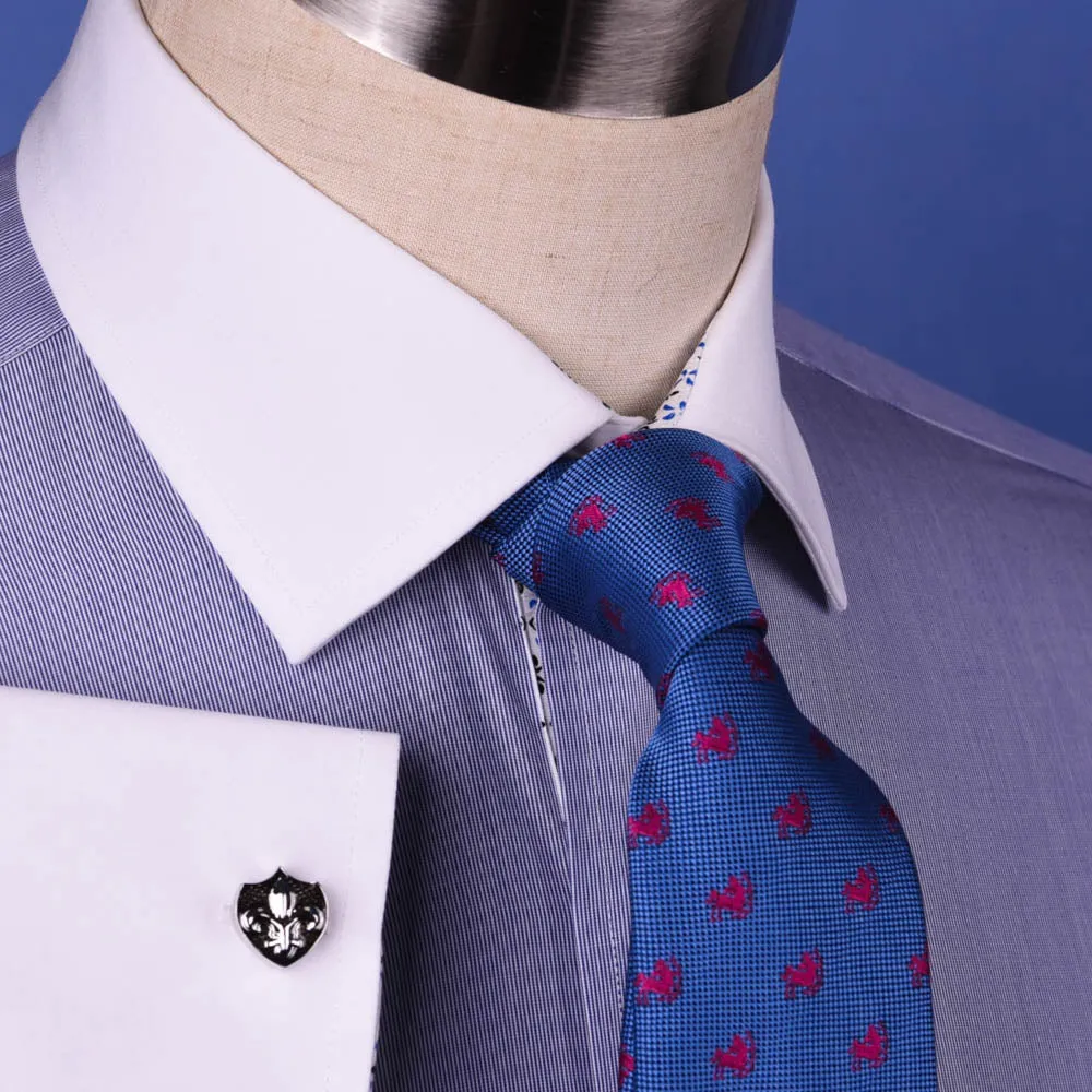 Solid Navy Blue Business Dress Shirt Formal White Collar & Cuff Contrast Floral in French Cuffs and Spread Collar