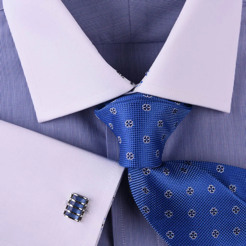 Solid Navy Blue Business Dress Shirt Formal White Collar & Cuff Contrast Floral in French Cuffs and Spread Collar