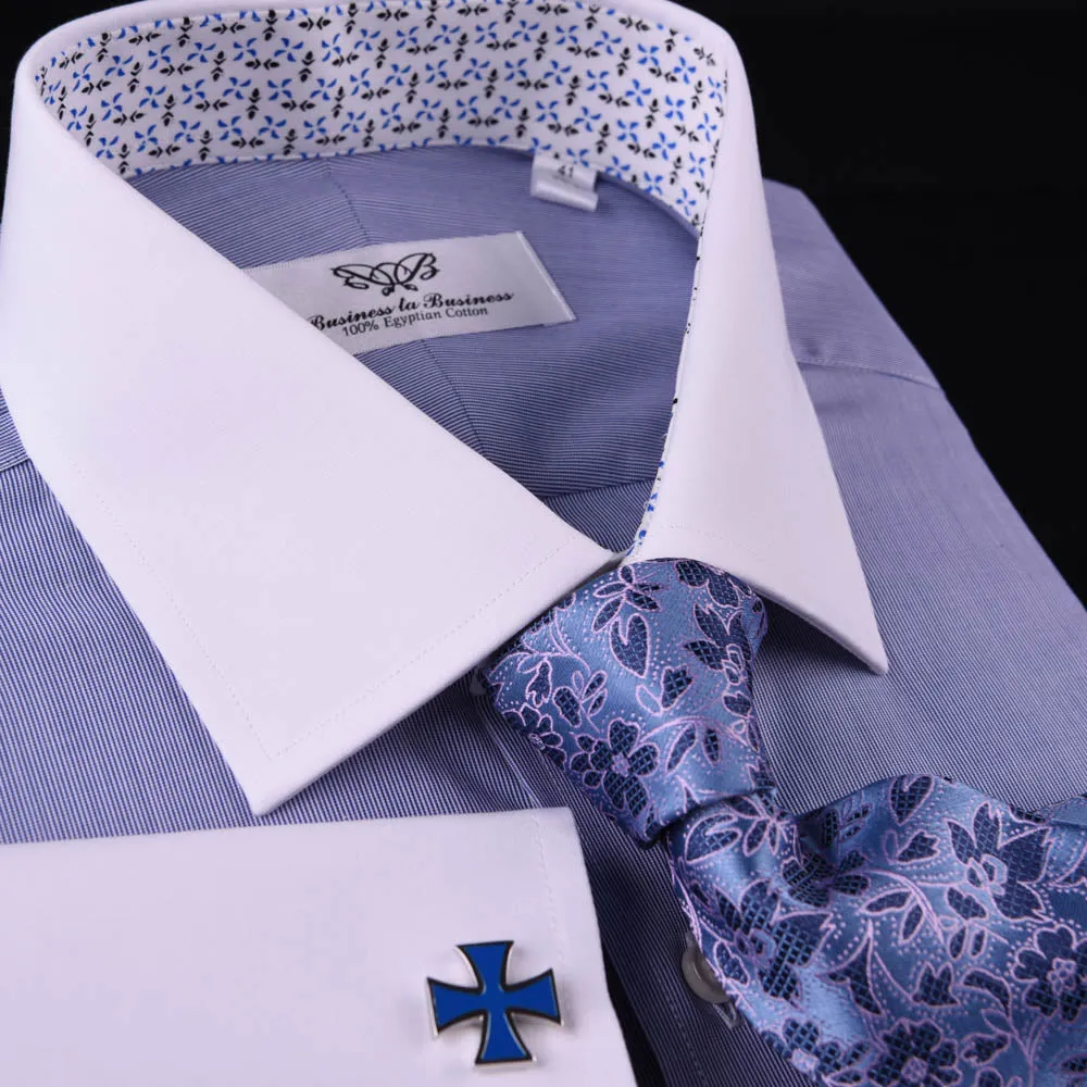 Solid Navy Blue Business Dress Shirt Formal White Collar & Cuff Contrast Floral in French Cuffs and Spread Collar