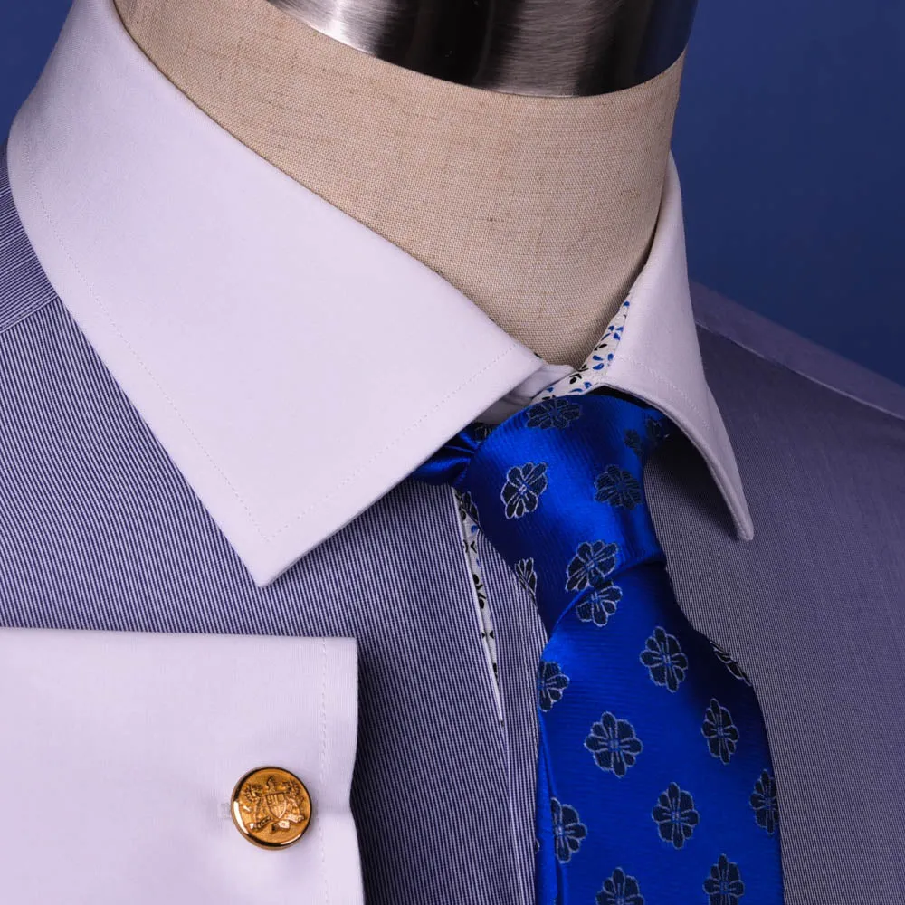 Solid Navy Blue Business Dress Shirt Formal White Collar & Cuff Contrast Floral in French Cuffs and Spread Collar