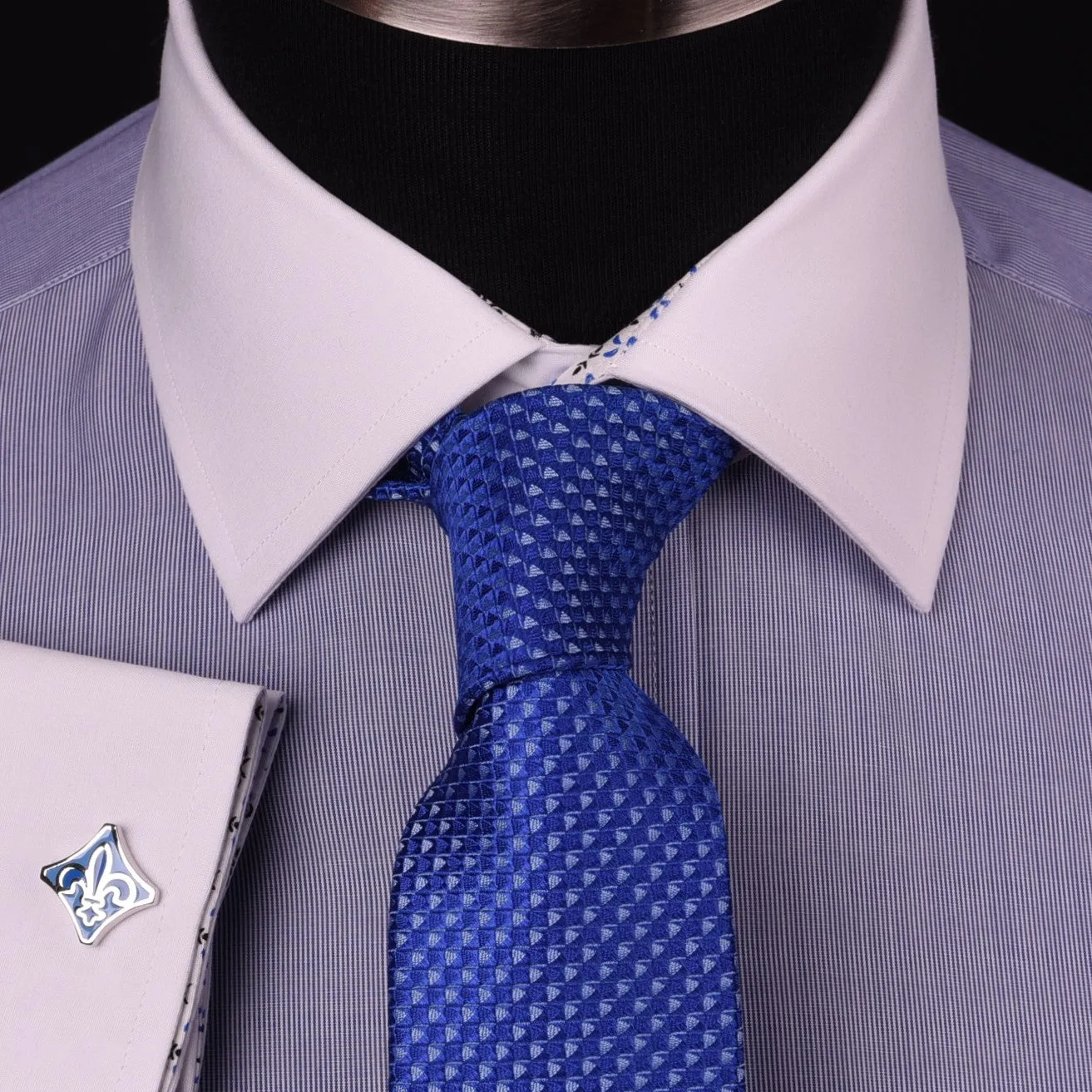 Solid Navy Blue Business Dress Shirt Formal White Collar & Cuff Contrast Floral in French Cuffs and Spread Collar