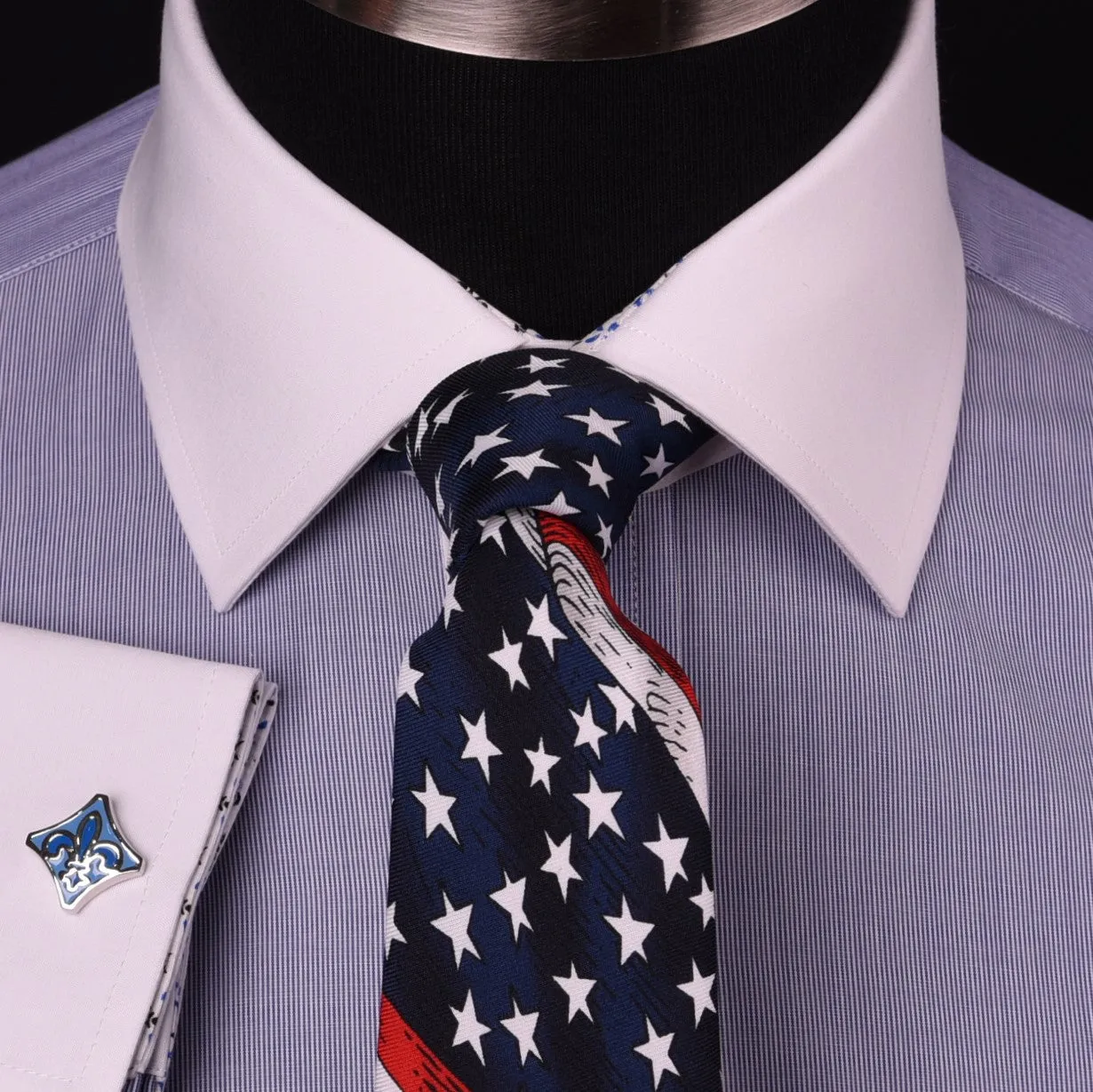 Solid Navy Blue Business Dress Shirt Formal White Collar & Cuff Contrast Floral in French Cuffs and Spread Collar