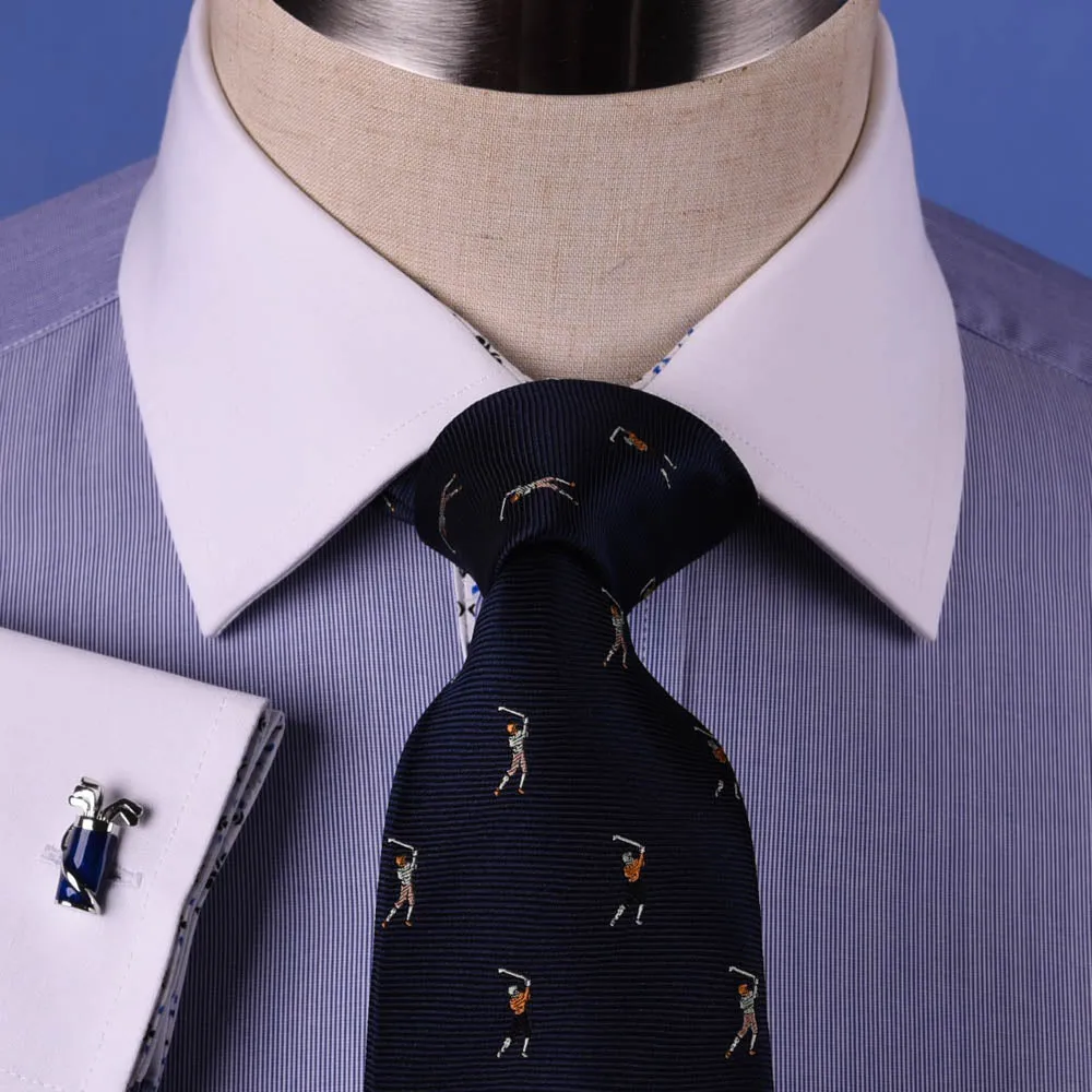 Solid Navy Blue Business Dress Shirt Formal White Collar & Cuff Contrast Floral in French Cuffs and Spread Collar