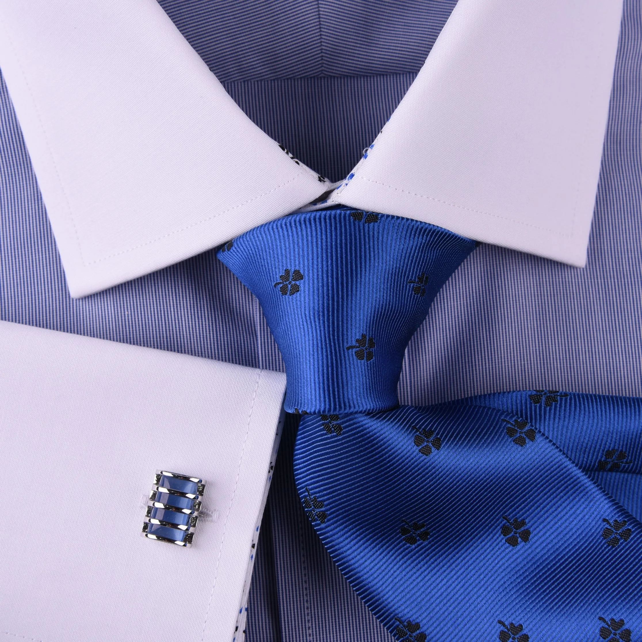 Solid Navy Blue Business Dress Shirt Formal White Collar & Cuff Contrast Floral in French Cuffs and Spread Collar