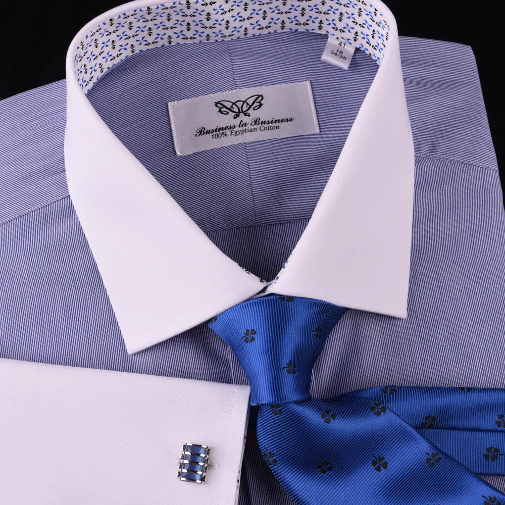 Solid Navy Blue Business Dress Shirt Formal White Collar & Cuff Contrast Floral in French Cuffs and Spread Collar