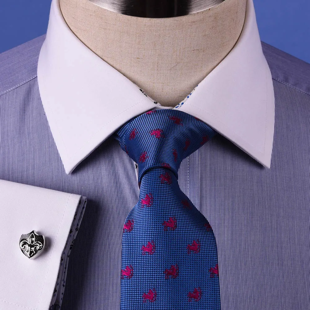 Solid Navy Blue Business Dress Shirt Formal White Collar & Cuff Contrast Floral in French Cuffs and Spread Collar