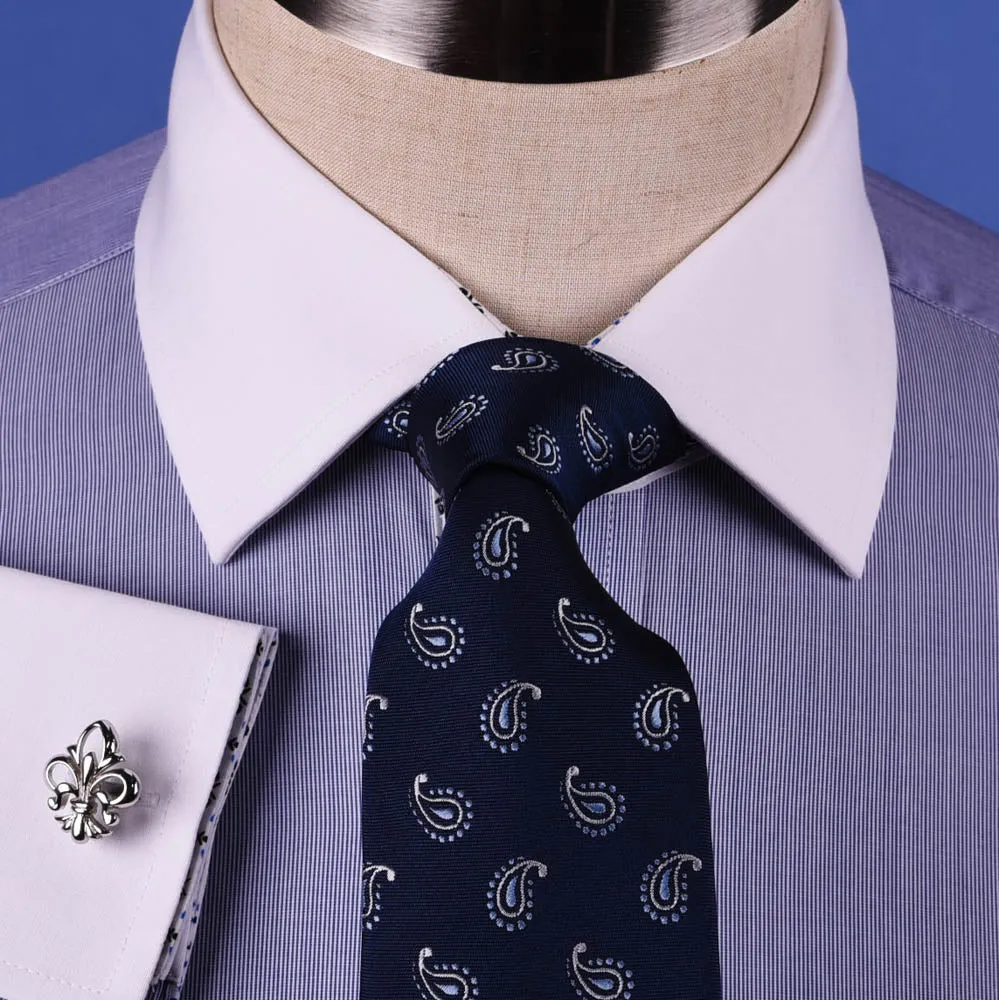 Solid Navy Blue Business Dress Shirt Formal White Collar & Cuff Contrast Floral in French Cuffs and Spread Collar