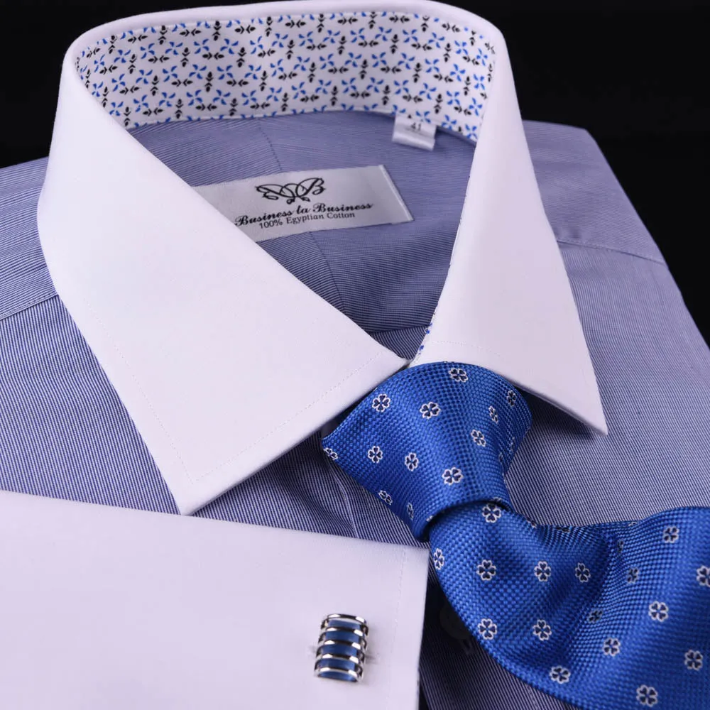 Solid Navy Blue Business Dress Shirt Formal White Collar & Cuff Contrast Floral in French Cuffs and Spread Collar