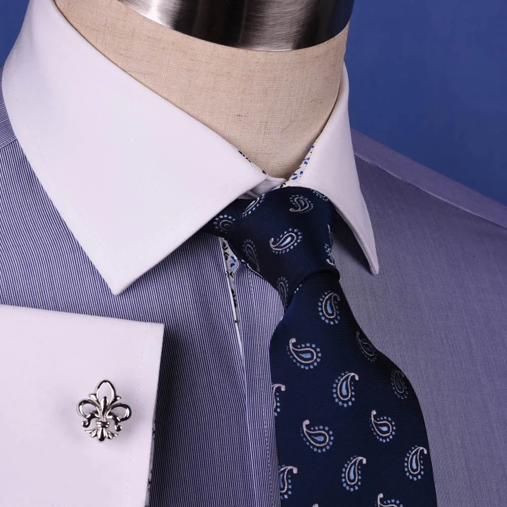 Solid Navy Blue Business Dress Shirt Formal White Collar & Cuff Contrast Floral in French Cuffs and Spread Collar