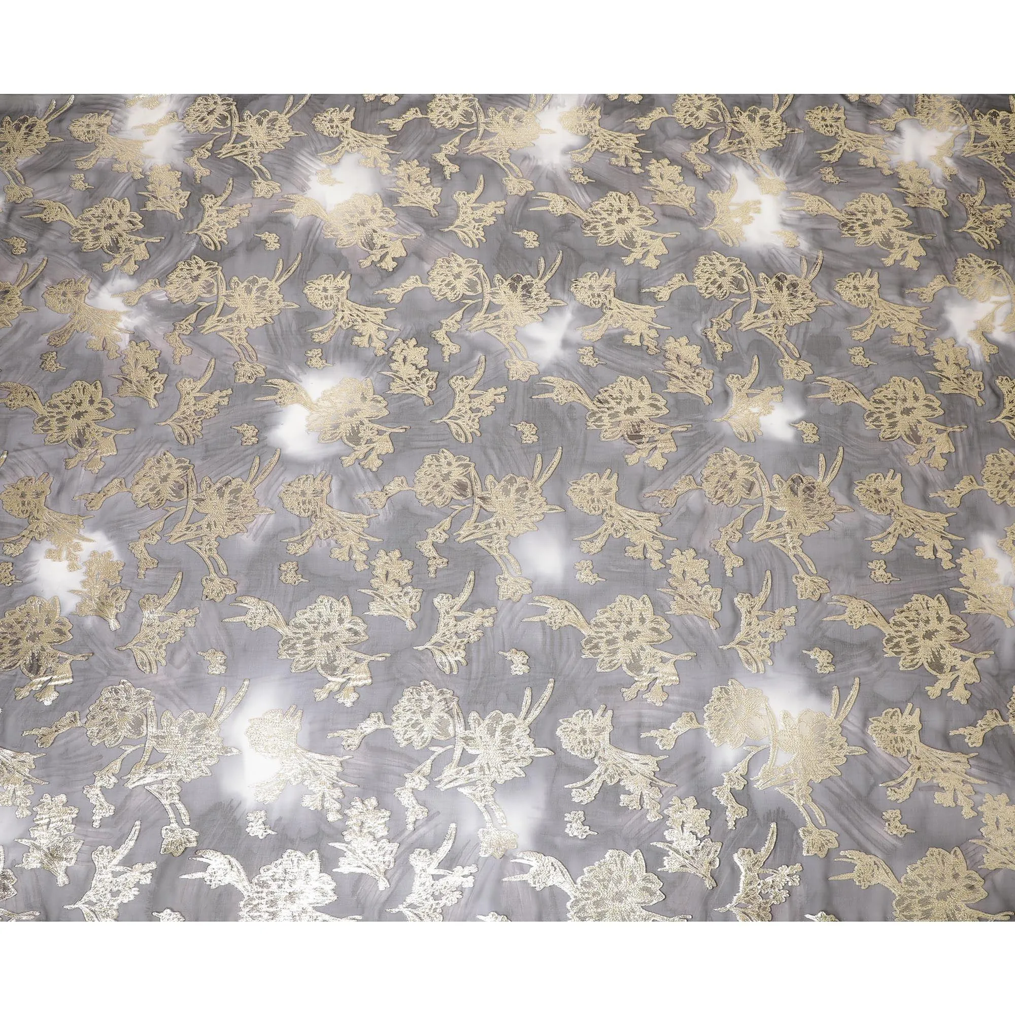 Stone grey Premium pure silk chiffon dirac with gold metallic lurex in floral design-D8863