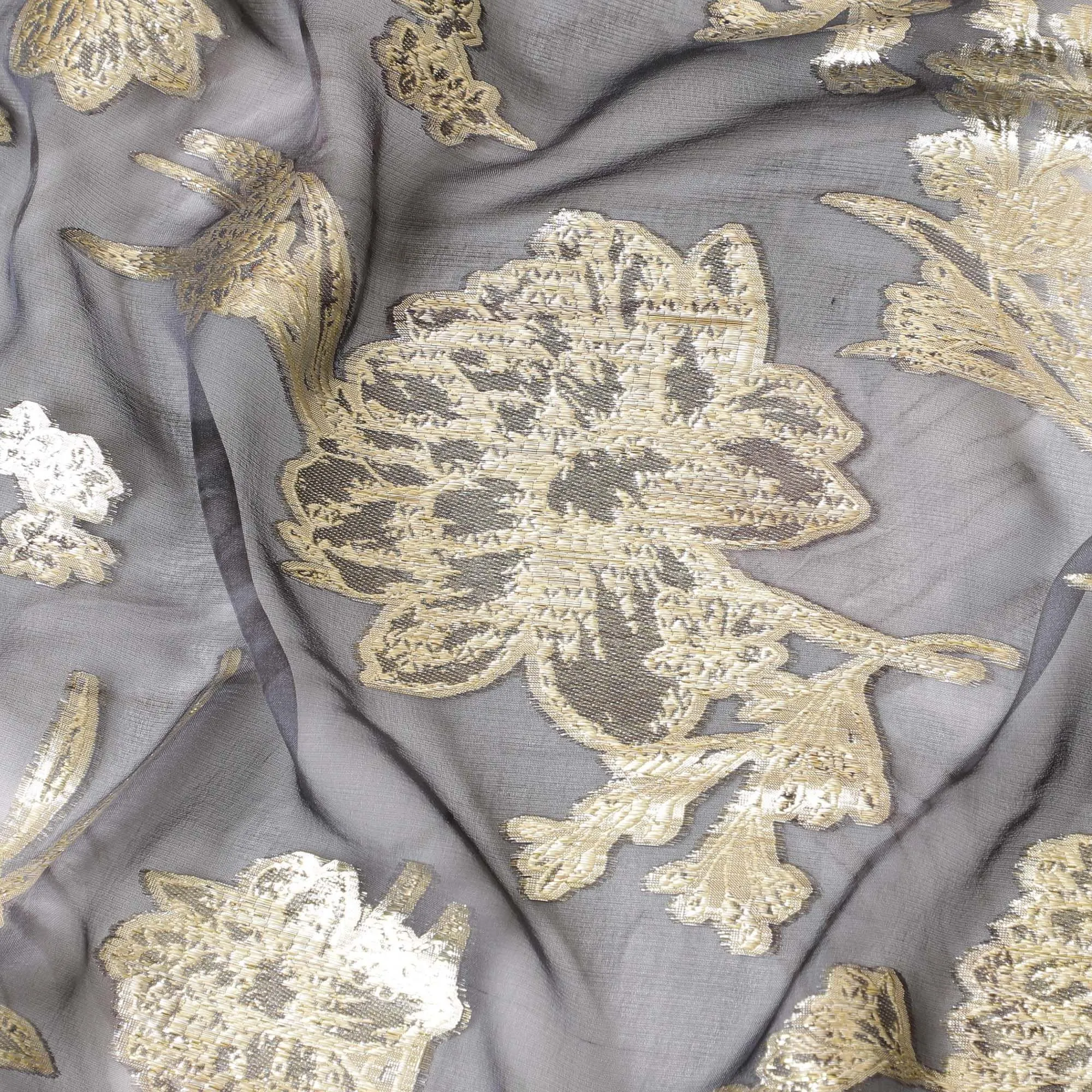 Stone grey Premium pure silk chiffon dirac with gold metallic lurex in floral design-D8863