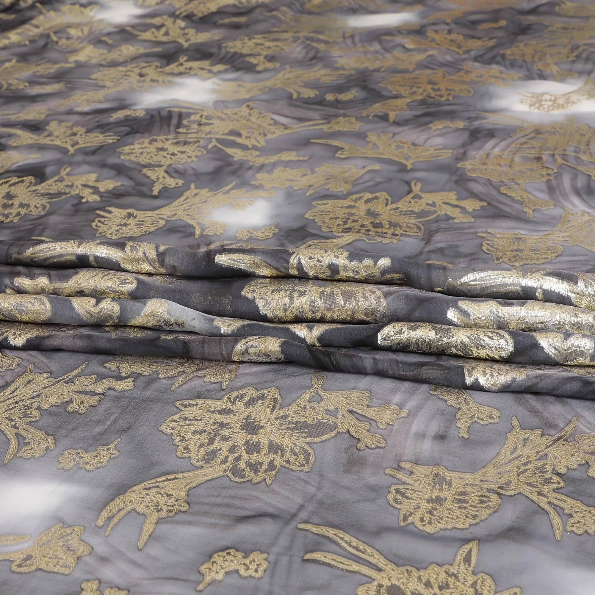 Stone grey Premium pure silk chiffon dirac with gold metallic lurex in floral design-D8863