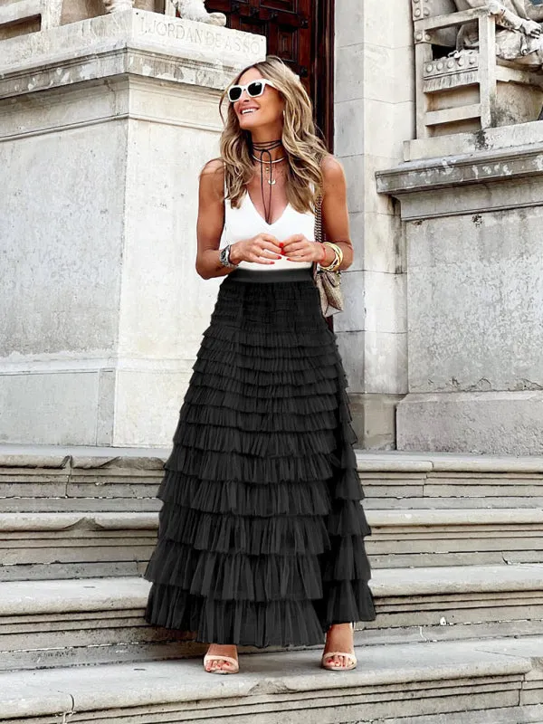 Tiered Overlay Mesh Layered Maxi Skirt