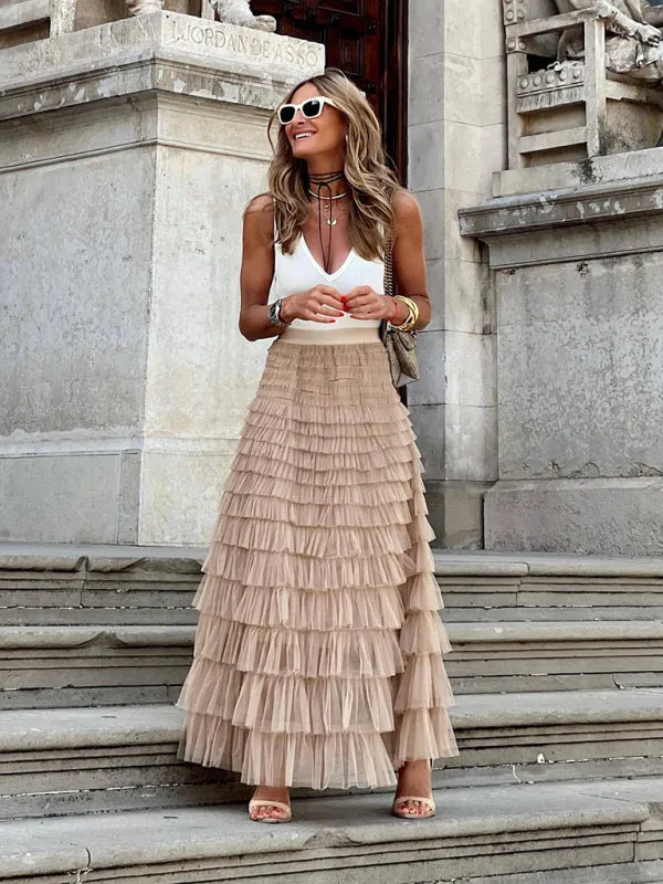 Tiered Overlay Mesh Layered Maxi Skirt