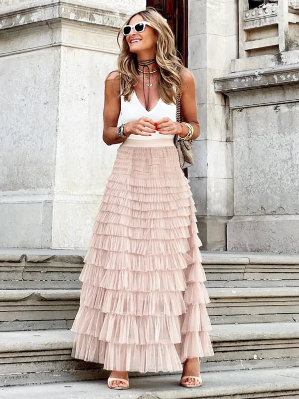 Tiered Overlay Mesh Layered Maxi Skirt