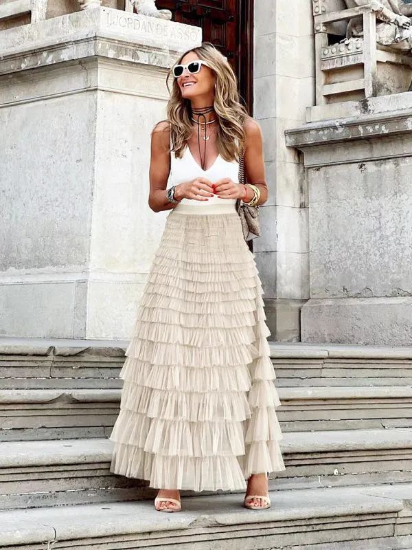 Tiered Overlay Mesh Layered Maxi Skirt