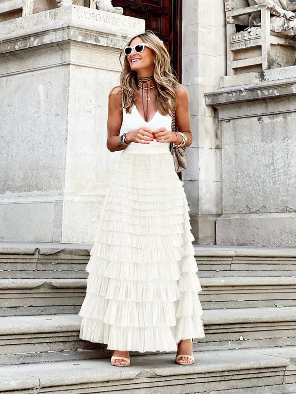 Tiered Overlay Mesh Layered Maxi Skirt