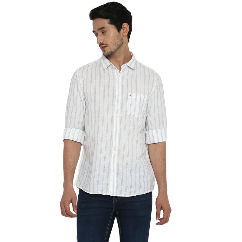 Turtle Men Cotton Linen White Slim Fit Striped Shirts