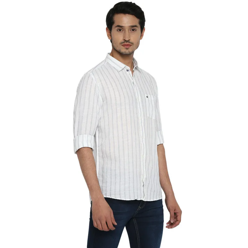 Turtle Men Cotton Linen White Slim Fit Striped Shirts