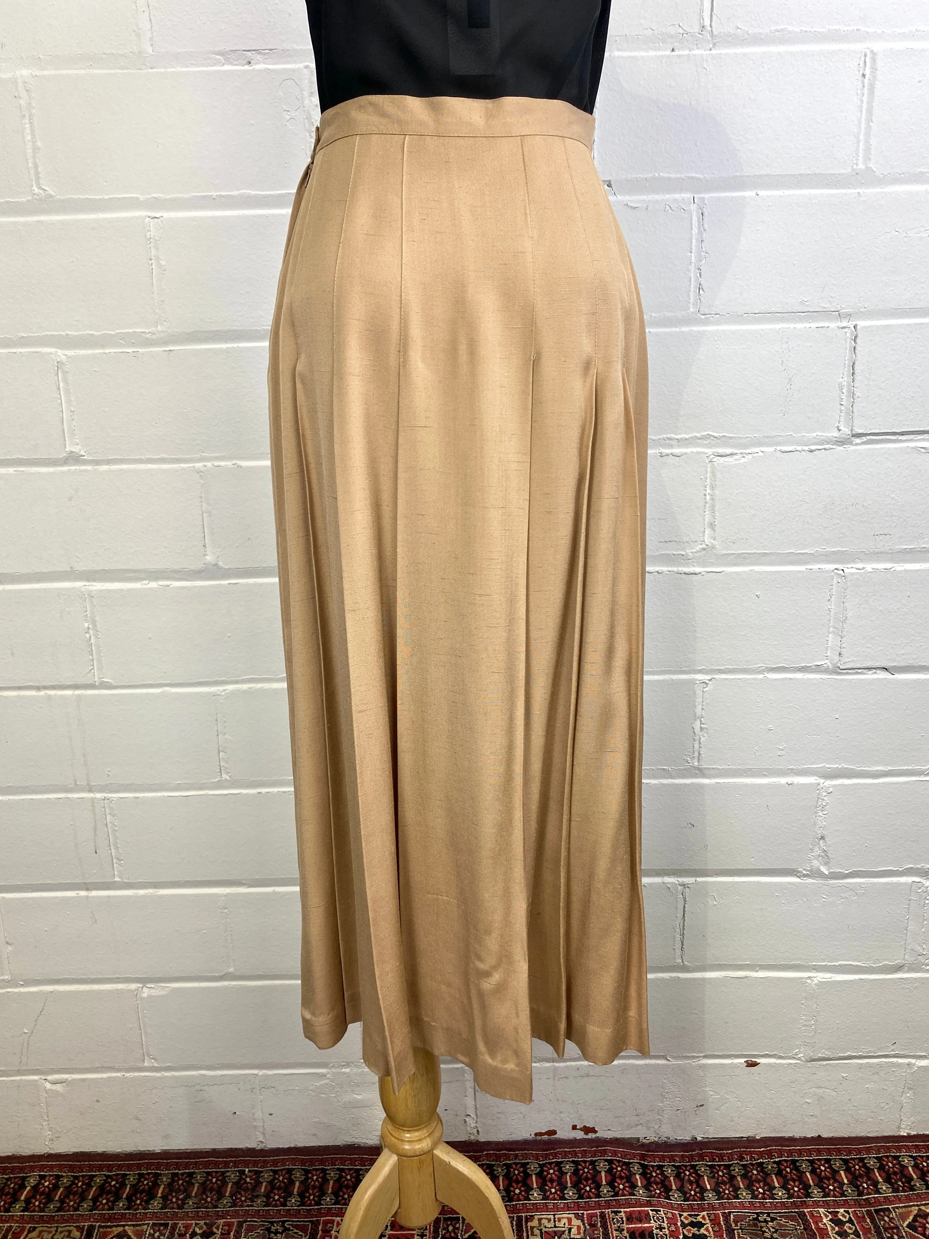 Vintage 1970s/ 80s Tan Pleated Midi Skirt, Small