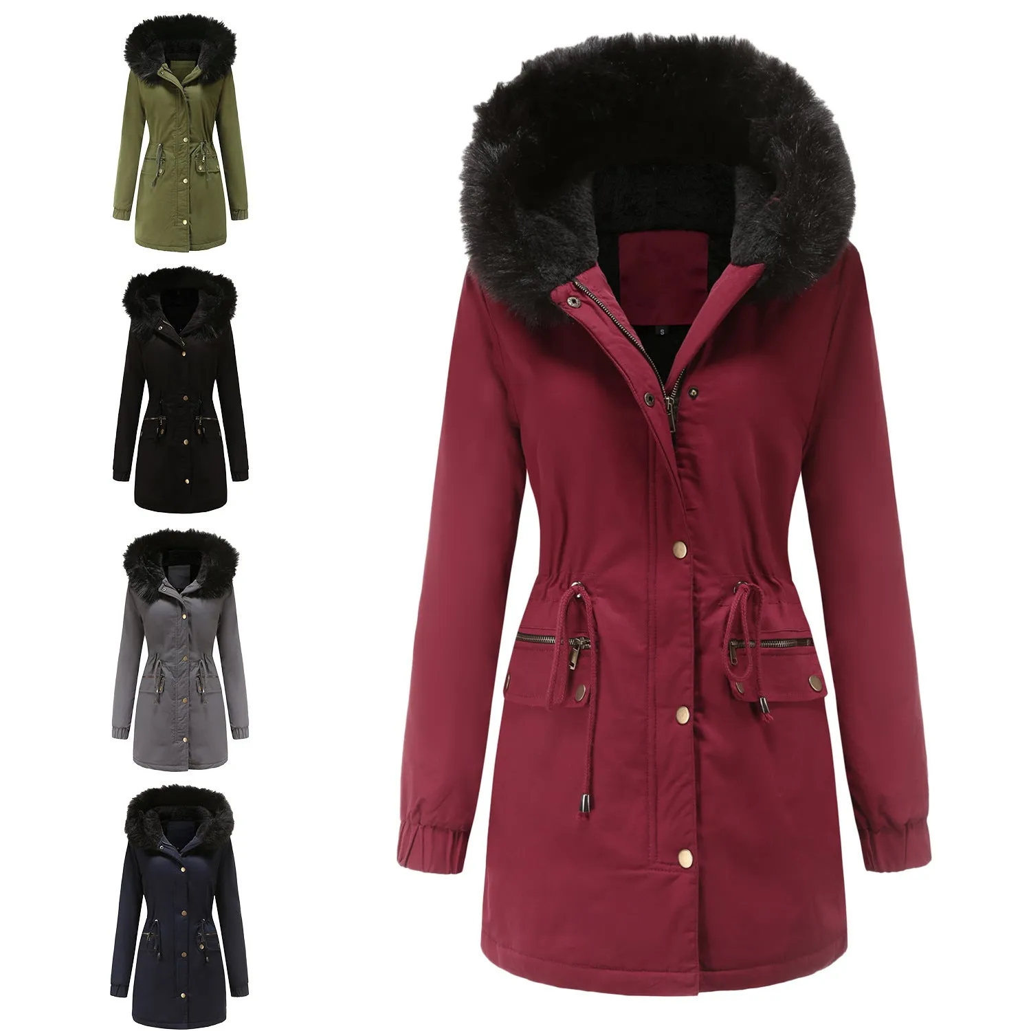 Women's Fleece Lined Collar Hooded Warm Loose Coats